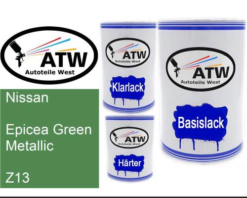 Nissan, Epicea Green Metallic, Z13: 500ml Lackdose + 500ml Klarlack + 250ml Härter - Set, von ATW Autoteile West.